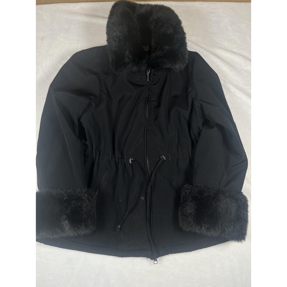 Preston & York Coat Womens Petite Medium‎ Black Faux Fur Trim Parka Zip Warm
